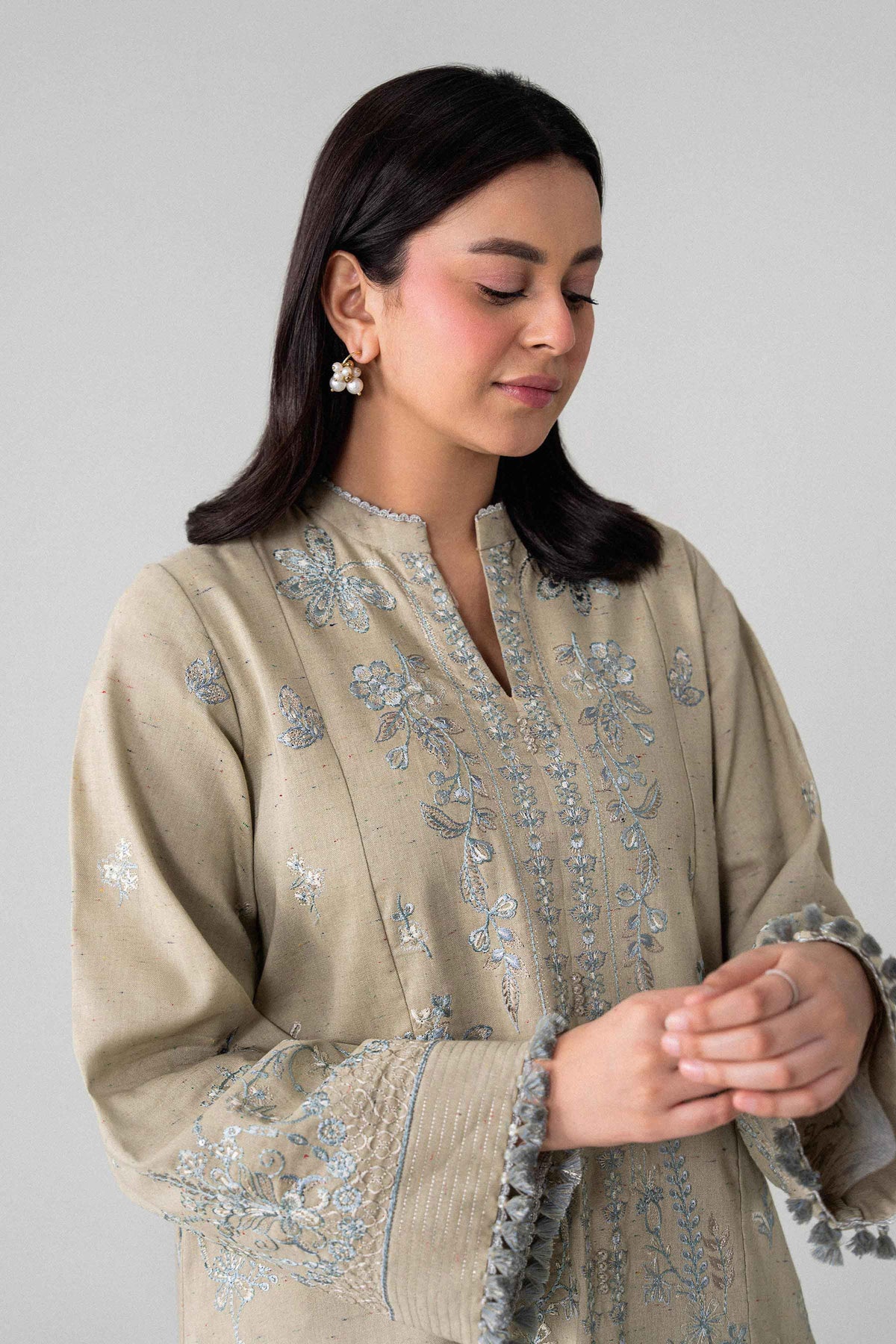 Beige 2-Piece Embroidered Suit in Multi Neps unstitched