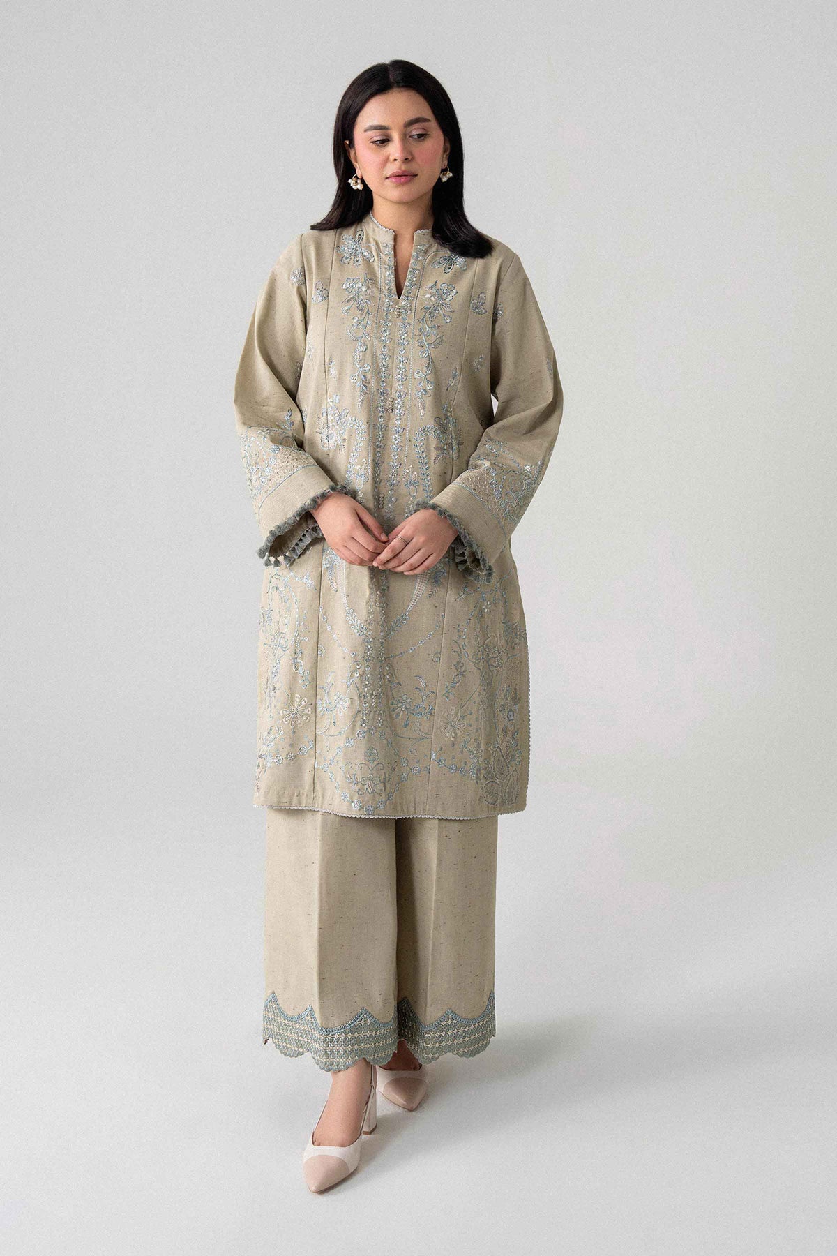 Beige 2-Piece Embroidered Suit in Multi Neps unstitched