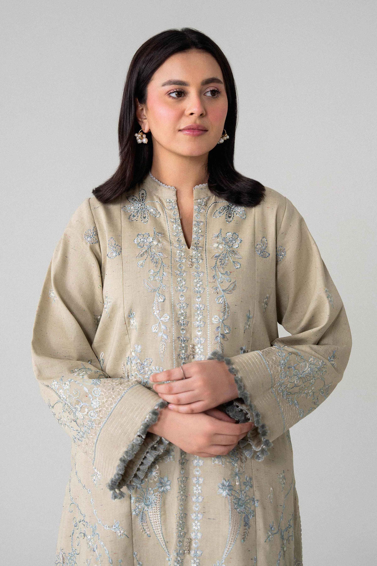 Beige 2-Piece Embroidered Suit in Multi Neps unstitched