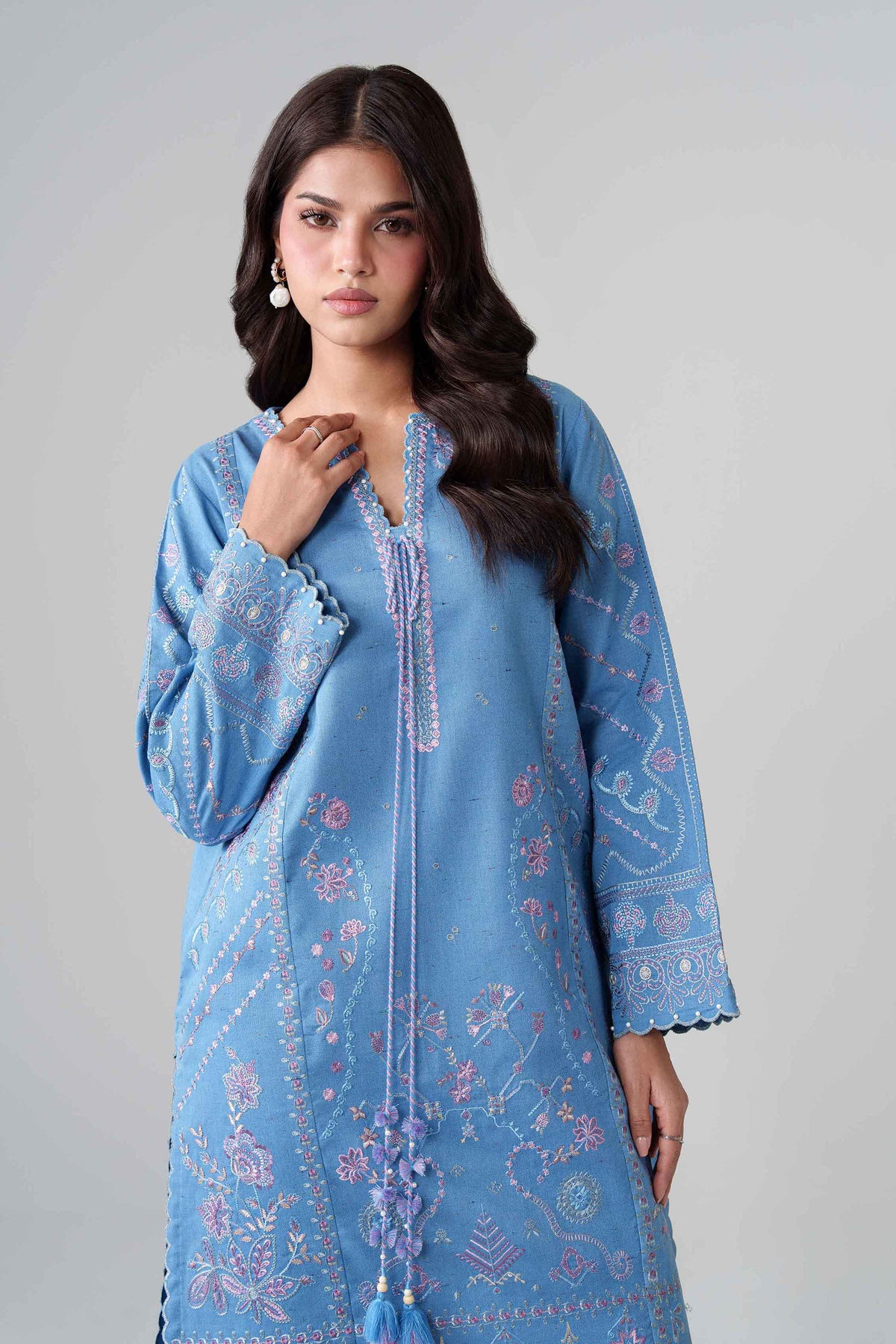 Blue 2-Piece Embroidered Suit in Multi Neps unstitched
