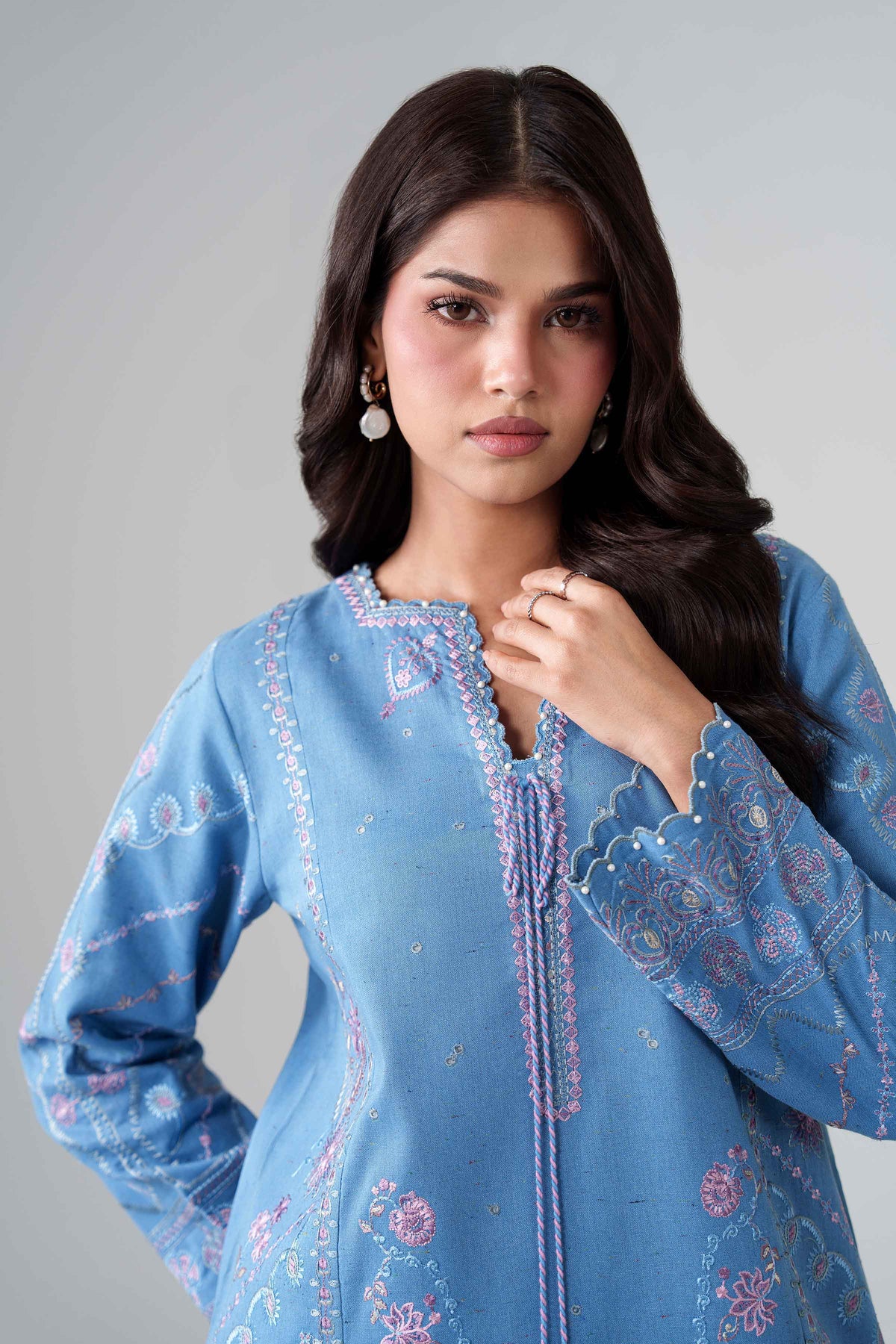 Blue 2-Piece Embroidered Suit in Multi Neps unstitched