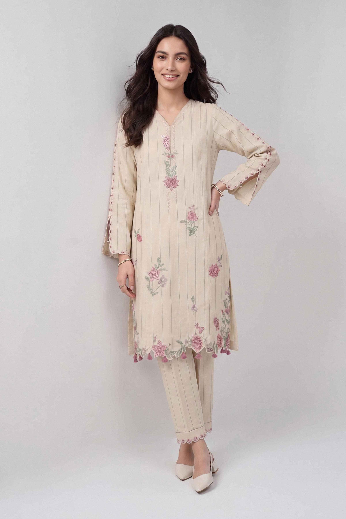 Beige 2-Piece Embroidered Suit in Irish Multi unstitched