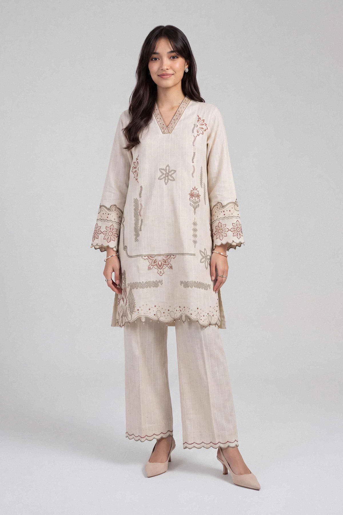 Beige 2-Piece Embroidered Suit in Irish Multi unstitched