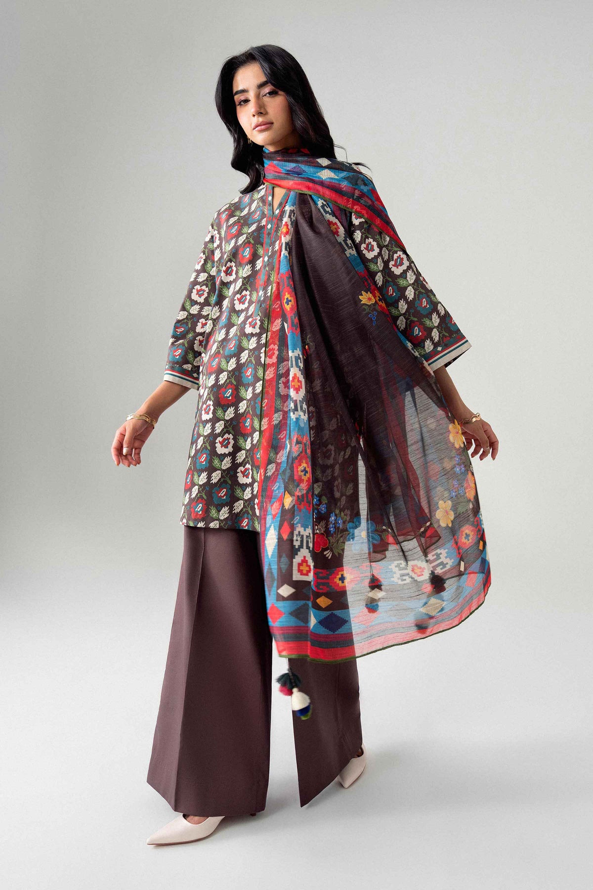 Brown 3-Piece Digital Printed Suit in Lawn unstitched