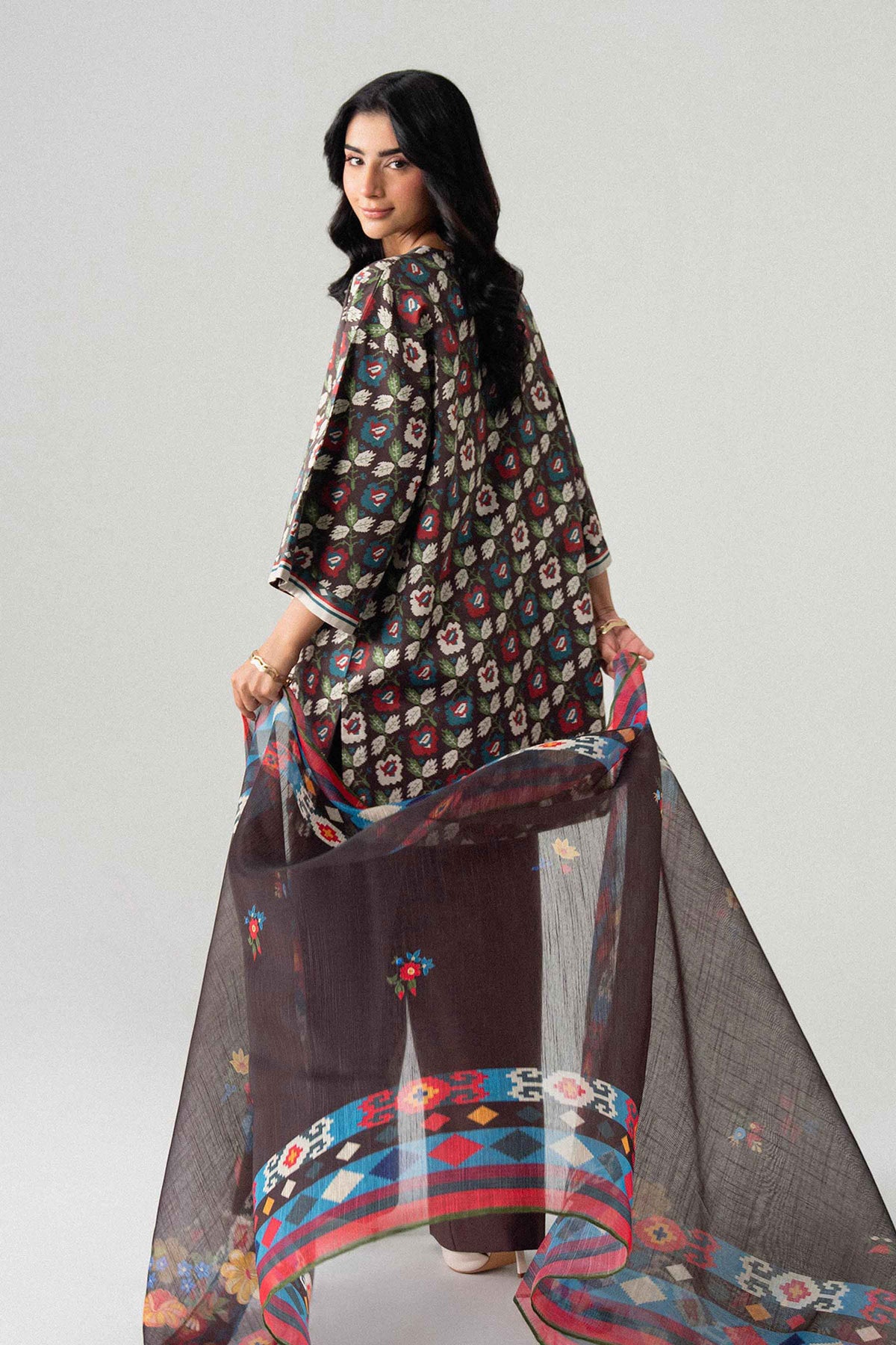Brown 3-Piece Digital Printed Suit in Lawn unstitched