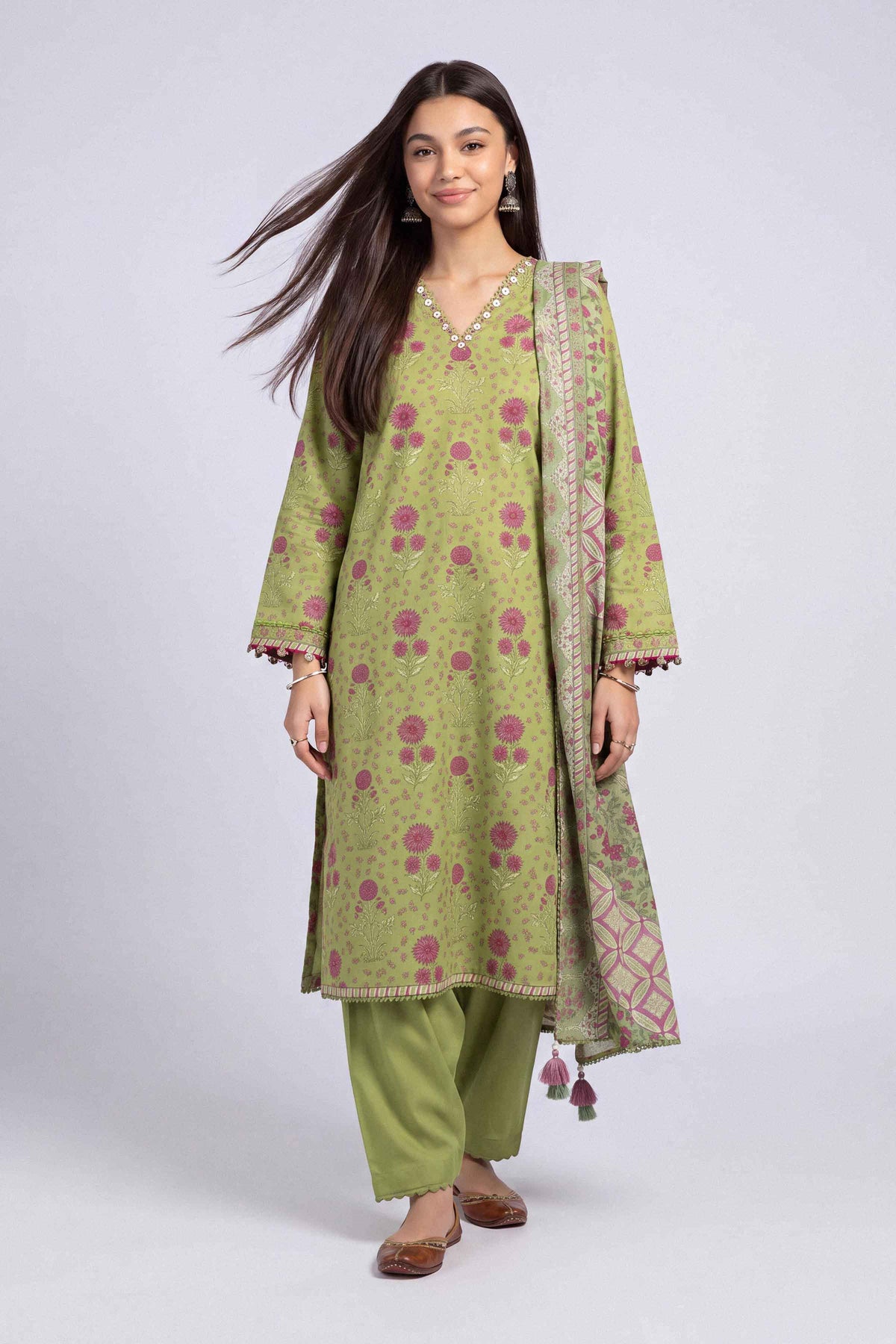 Green 3-Piece Printed Suit in Linen unstitched