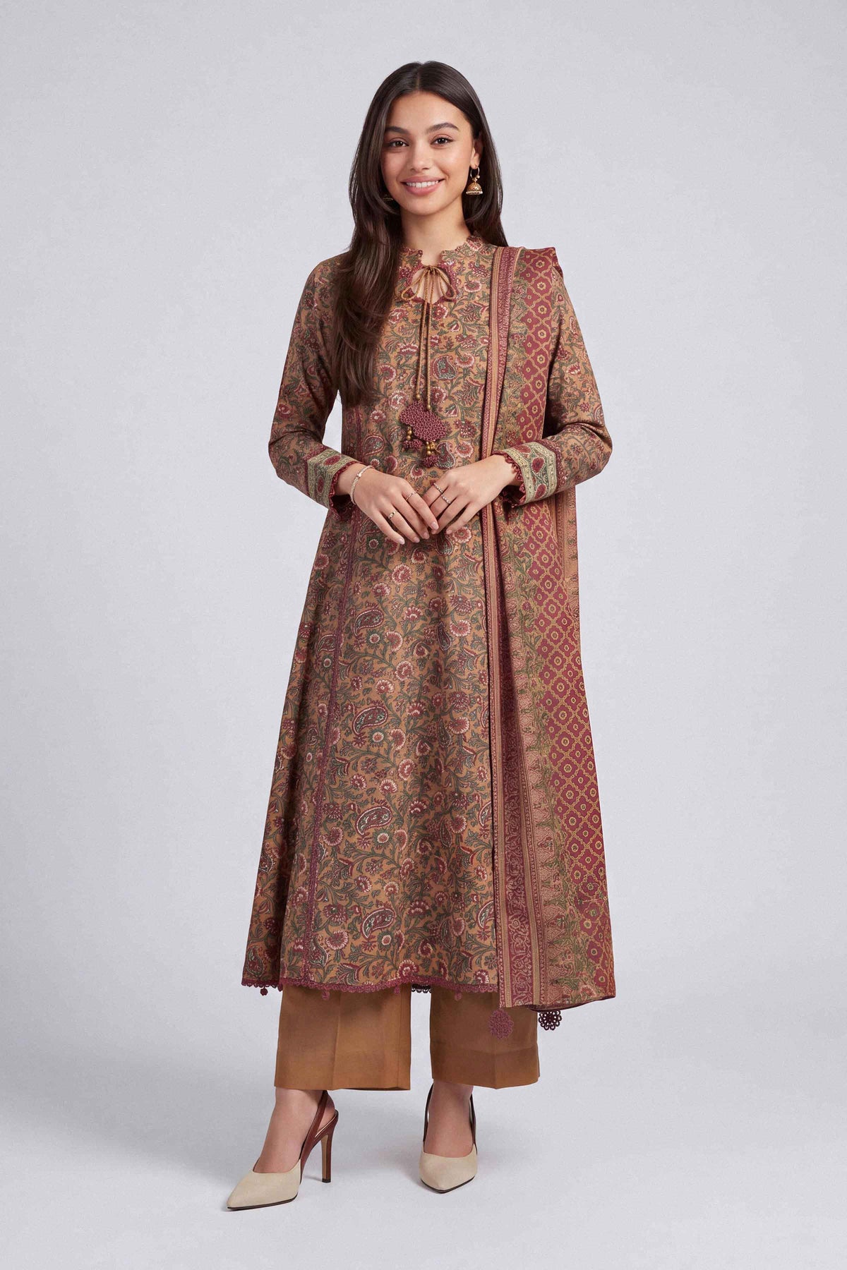 Brown 3-Piece Printed Suit in Linen unstitched