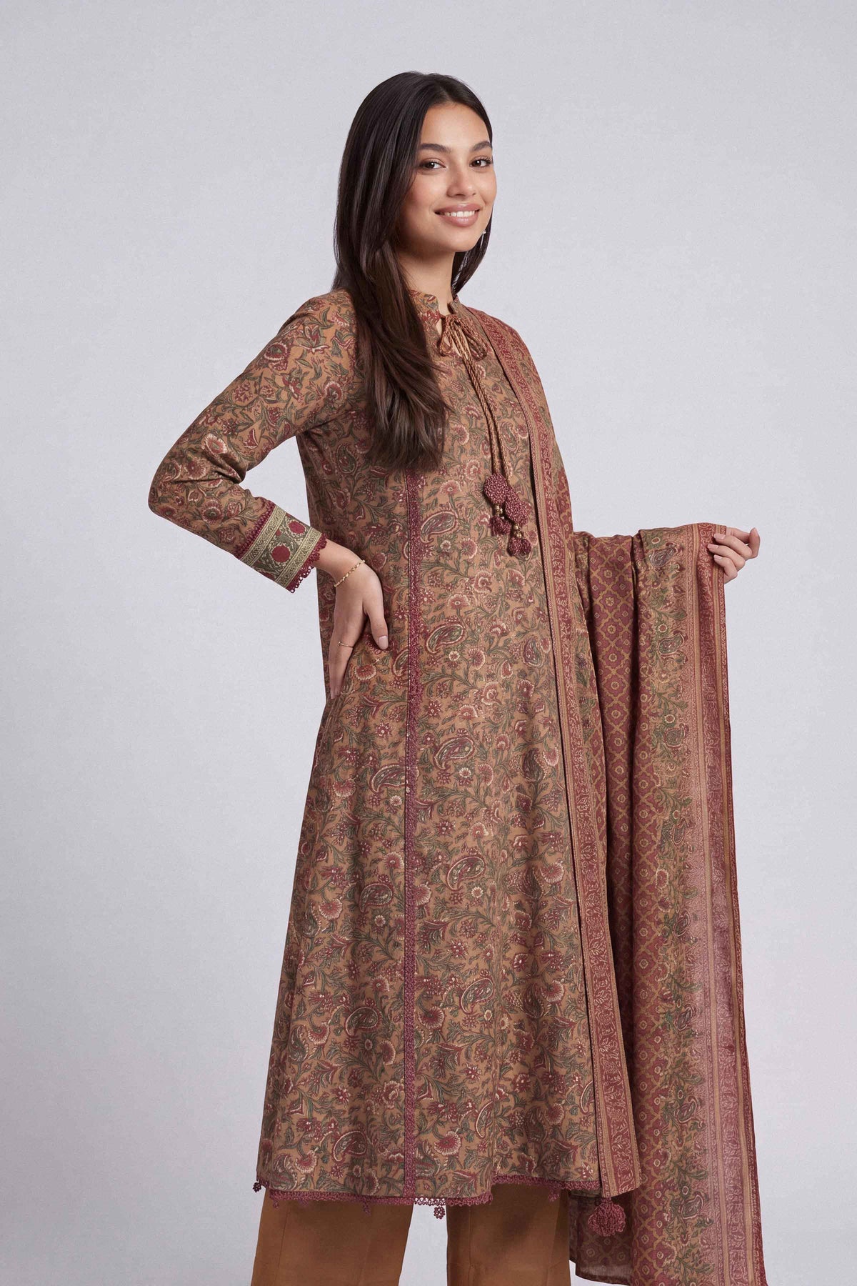 Brown 3-Piece Printed Suit in Linen unstitched