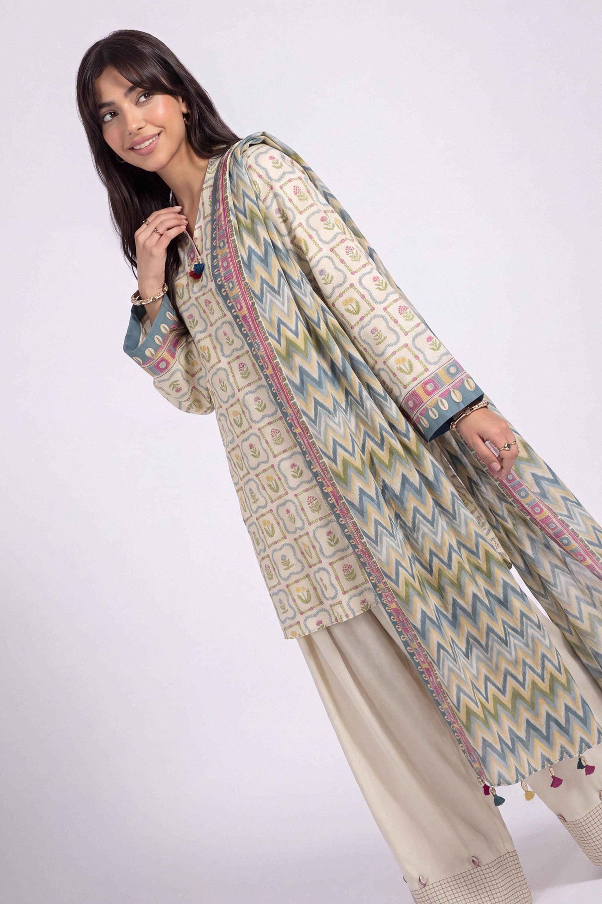 Beige 3-Piece Printed Suit in Linen unstitched