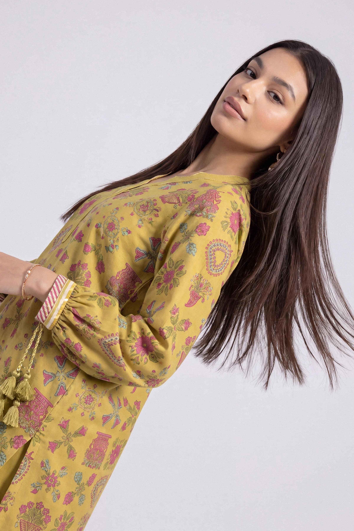 Yellow 3-Piece Printed Suit in Linen unstitched