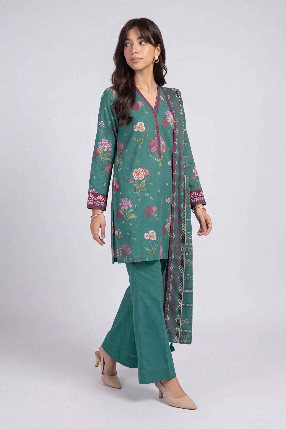 Green 3-Piece Printed Suit in Linen unstitched