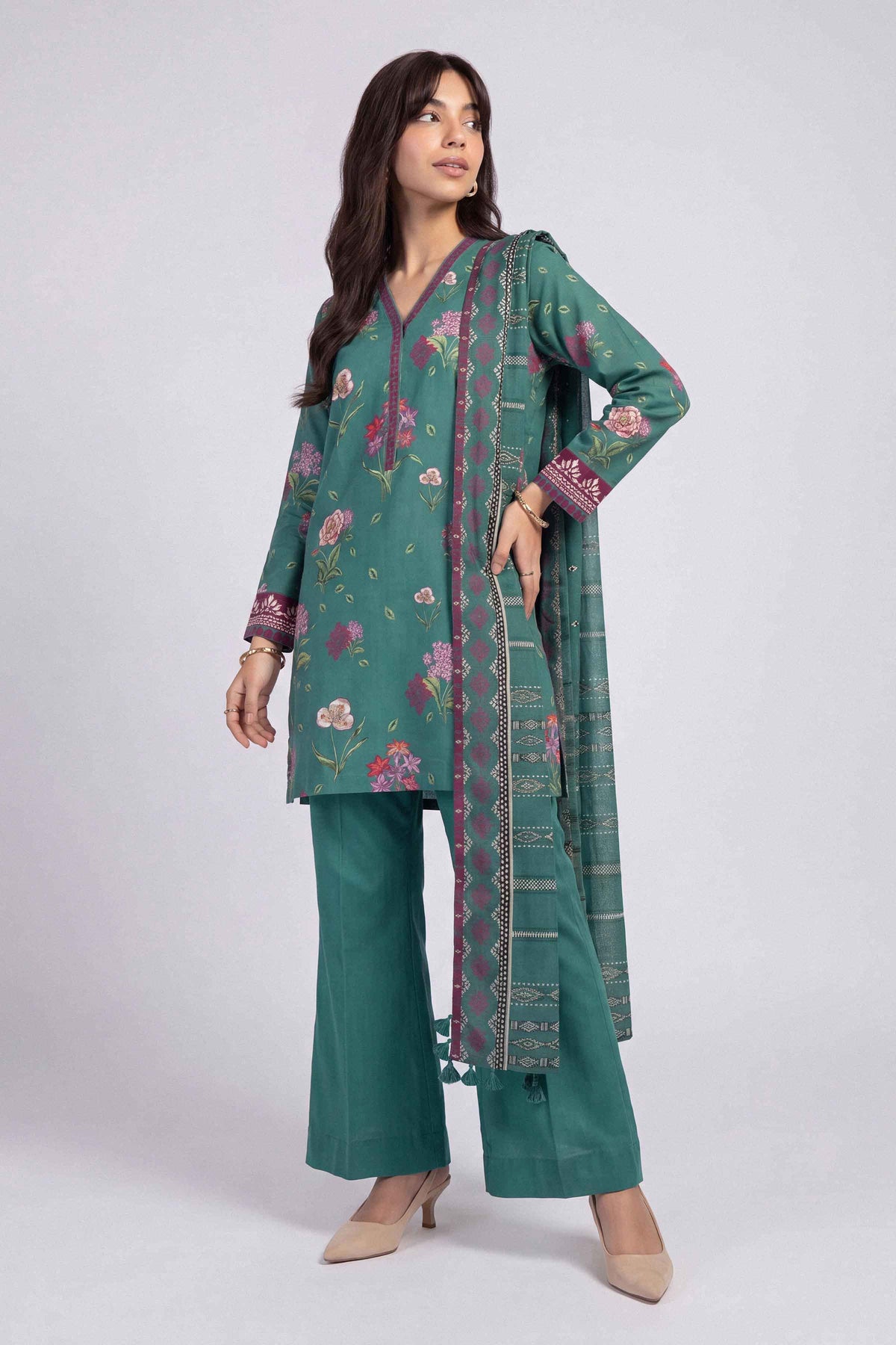 Green 3-Piece Printed Suit in Linen unstitched