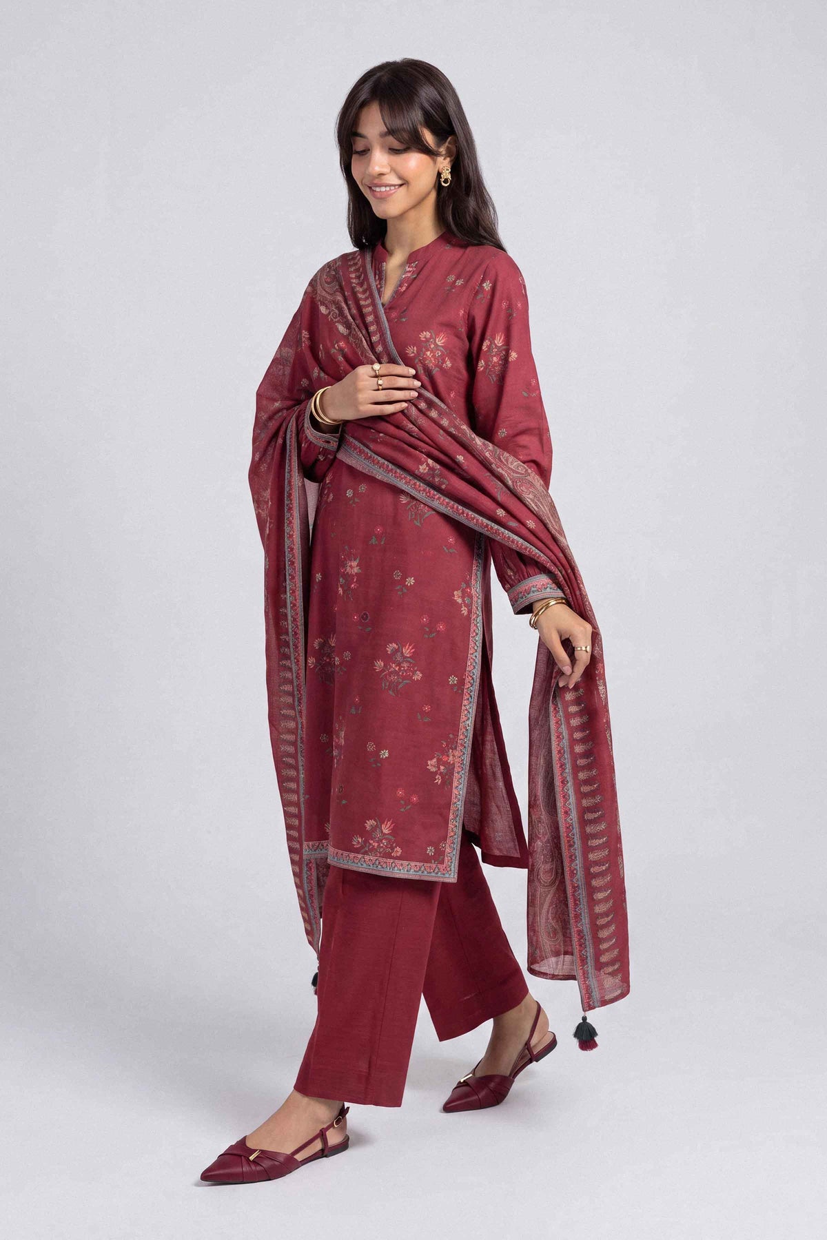 Red 3-Piece Printed Suit in Khaddar unstitched