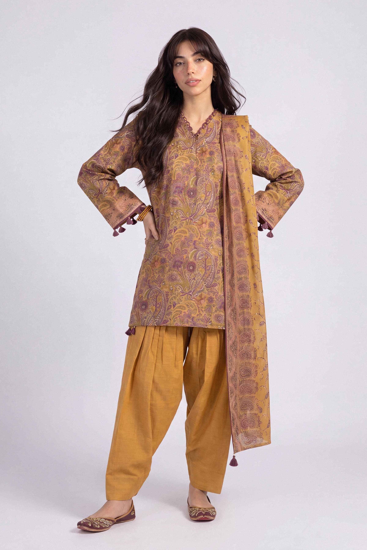 Yellow 3-Piece Printed Suit in Khaddar unstitched