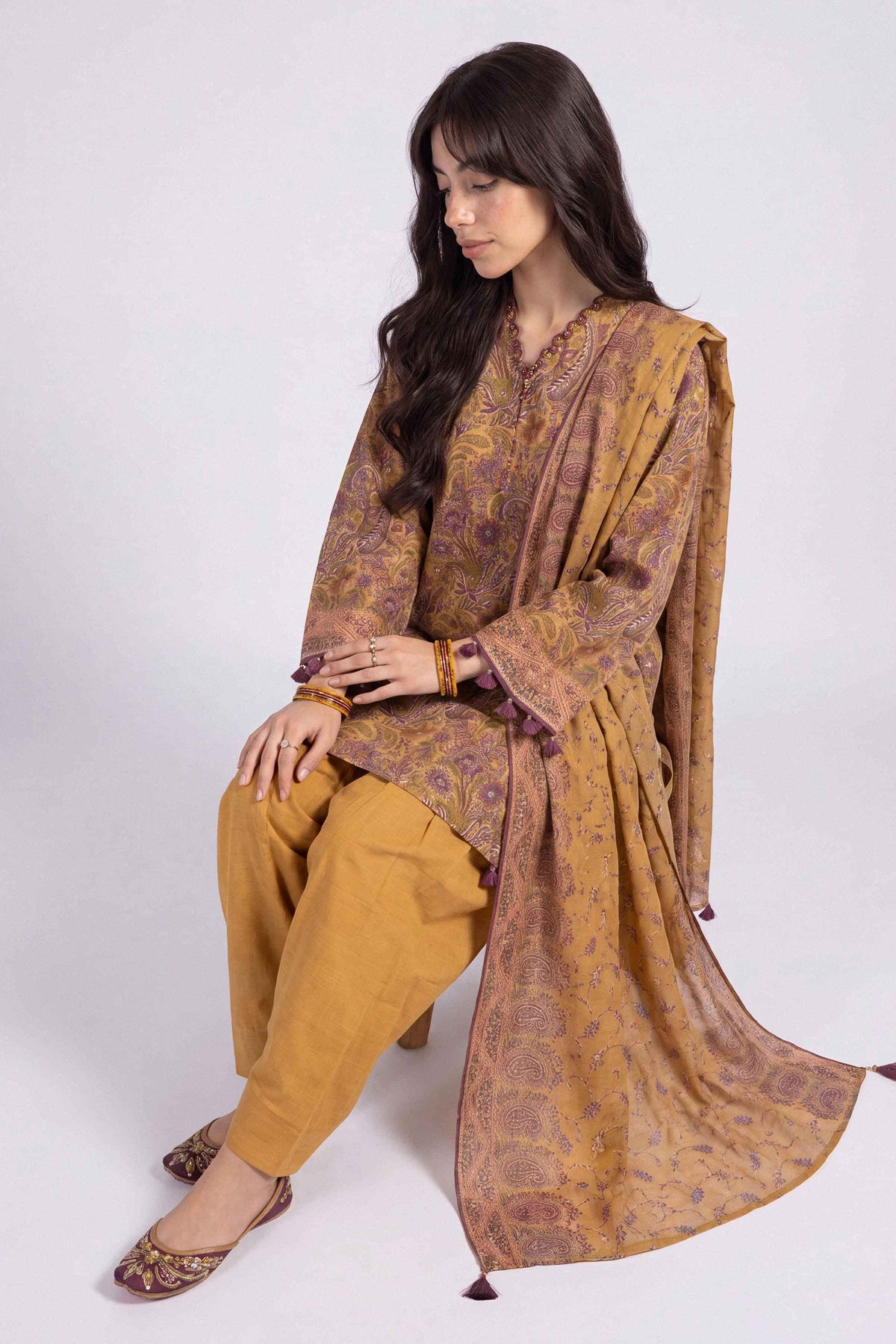Yellow 3-Piece Printed Suit in Khaddar unstitched