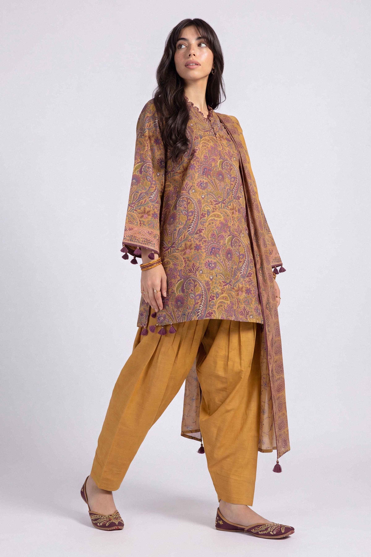 Yellow 3-Piece Printed Suit in Khaddar unstitched