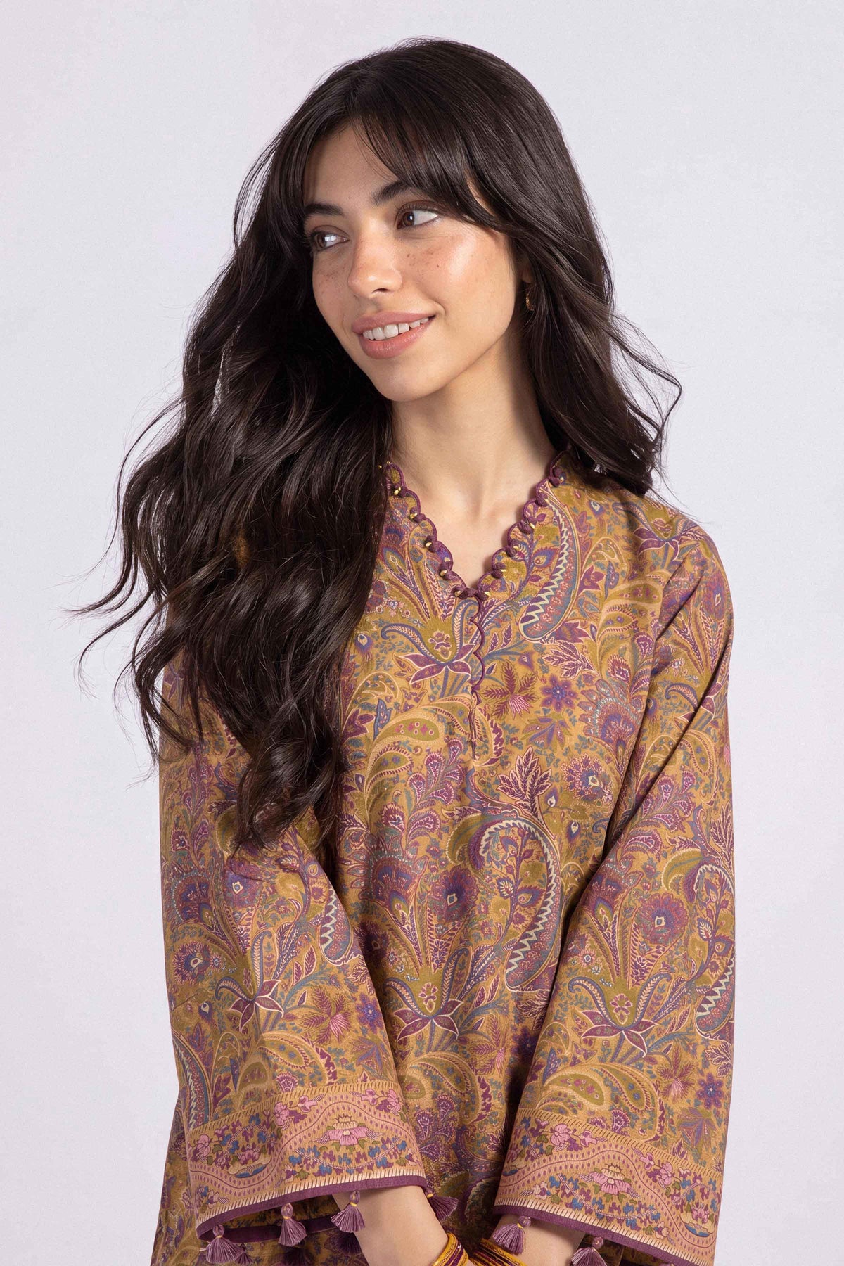 Yellow 3-Piece Printed Suit in Khaddar unstitched
