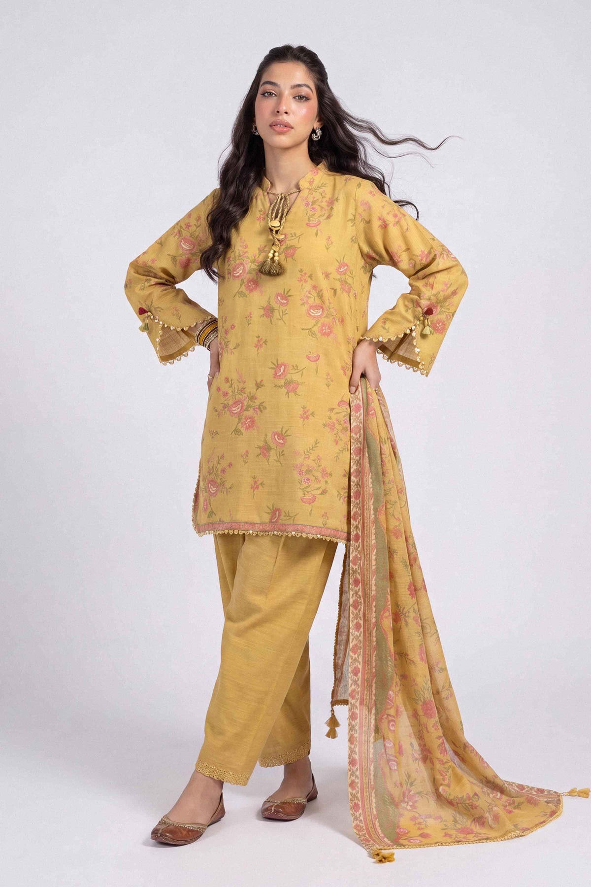 Yellow 3-Piece Printed Suit in Khaddar unstitched