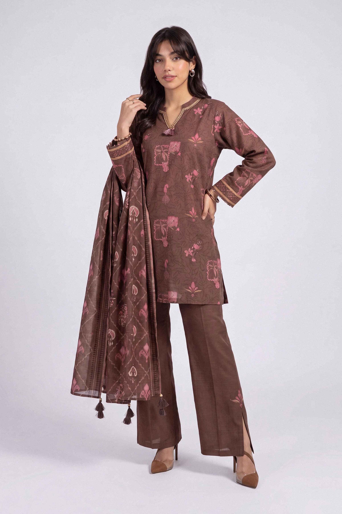 Brown 3-Piece Printed Suit in Khaddar unstitched