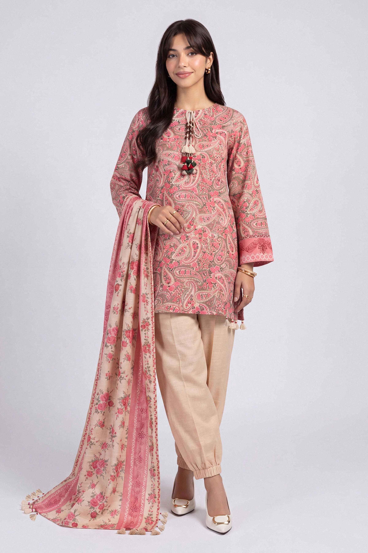 Pink 3-Piece Printed Suit in Khaddar unstitched