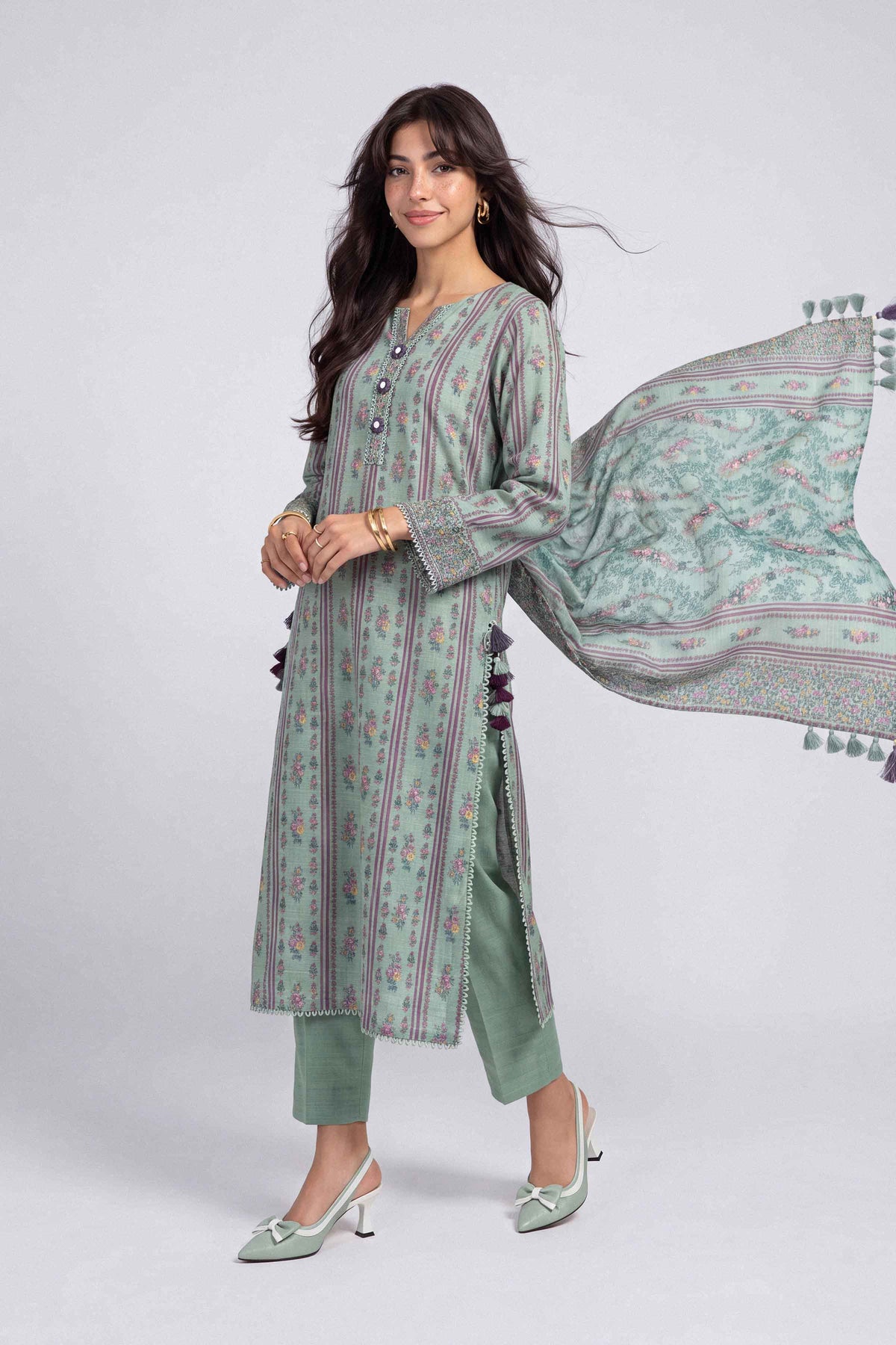Green 3-Piece Printed Suit in Khaddar unstitched