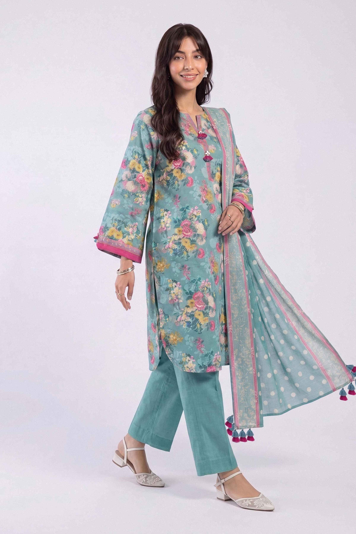 Blue 3-Piece Printed Suit in Khaddar unstitched