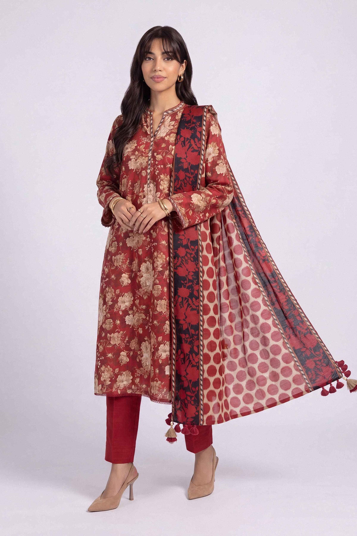 Red 3-Piece Printed Suit in Khaddar unstitched