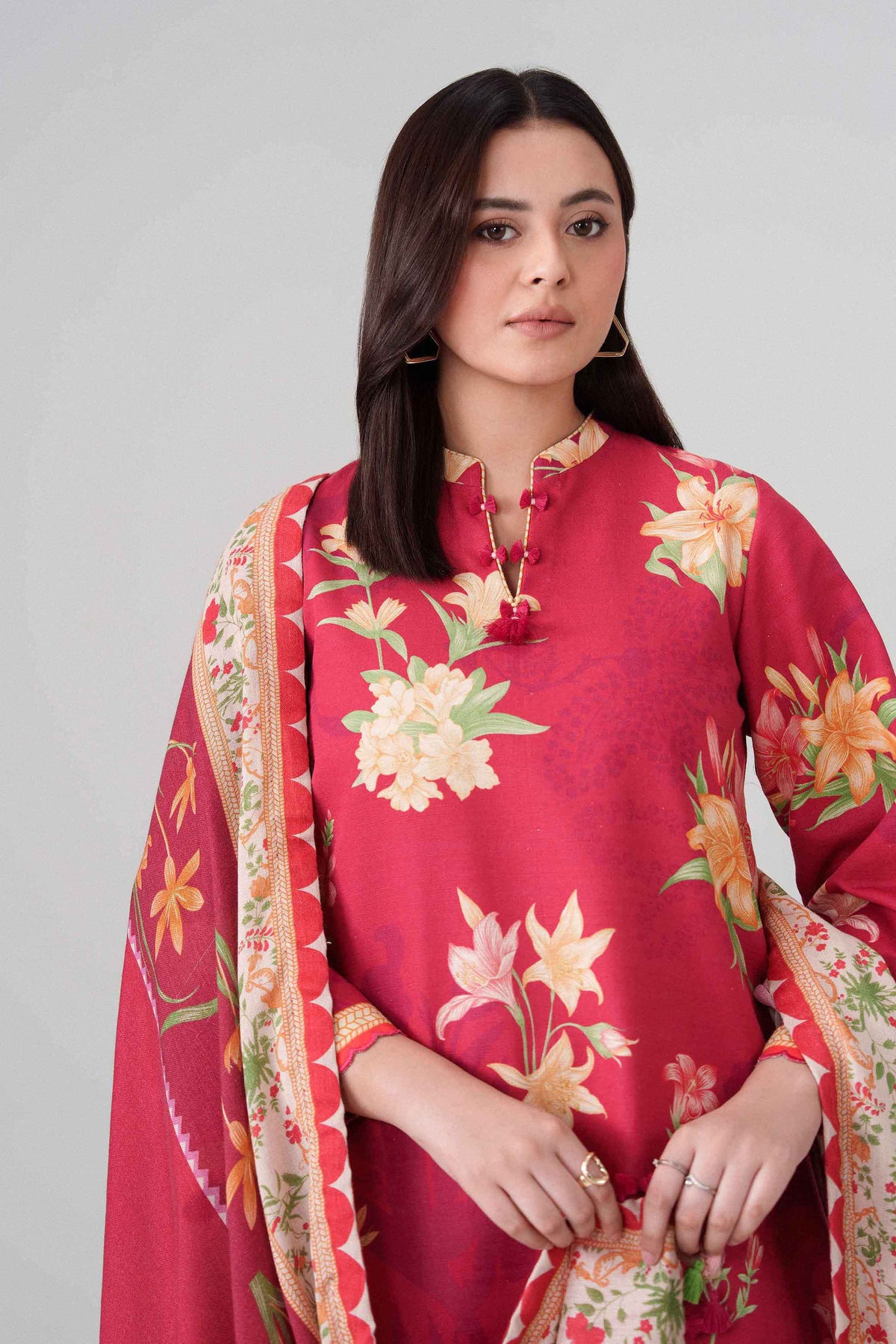 Red 3-Piece Digital Printed Suit in Khaddar unstitched