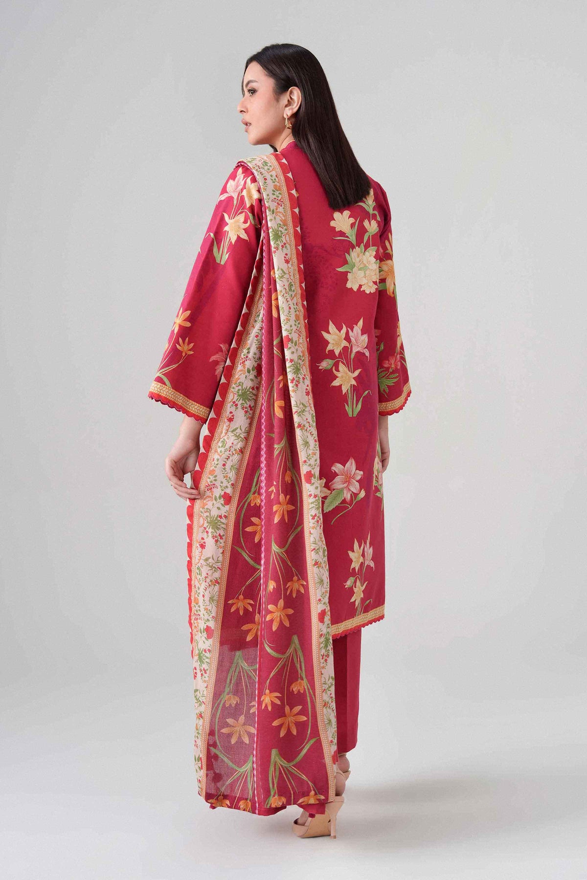 Red 3-Piece Digital Printed Suit in Khaddar unstitched