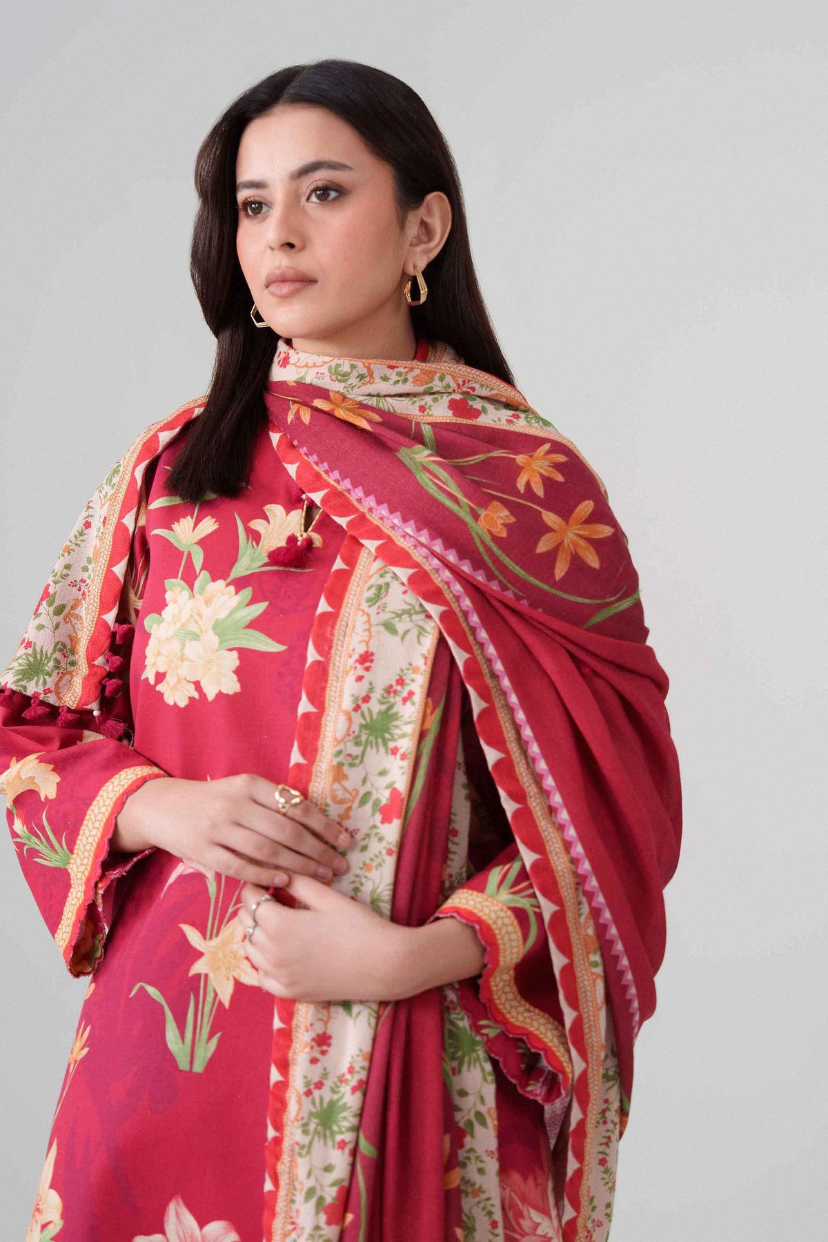 Red 3-Piece Digital Printed Suit in Khaddar unstitched