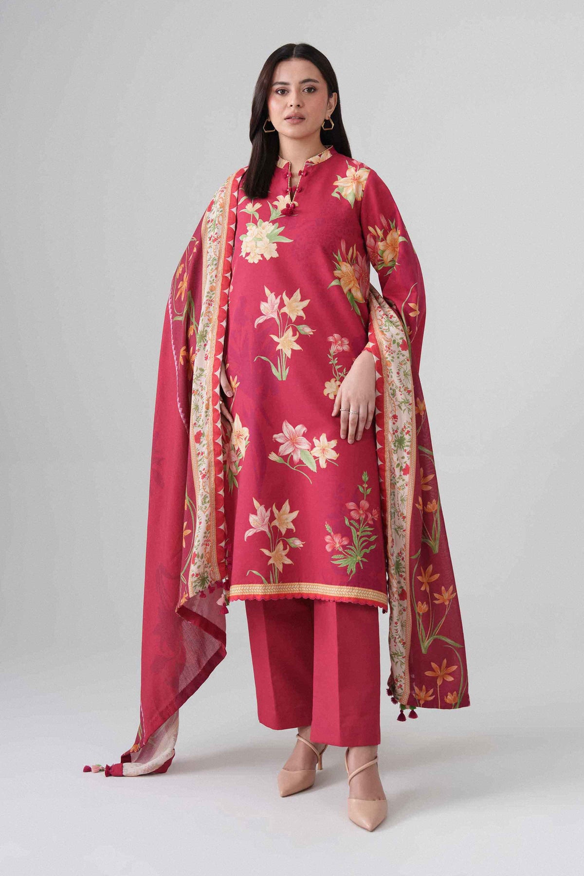 Red 3-Piece Digital Printed Suit in Khaddar unstitched