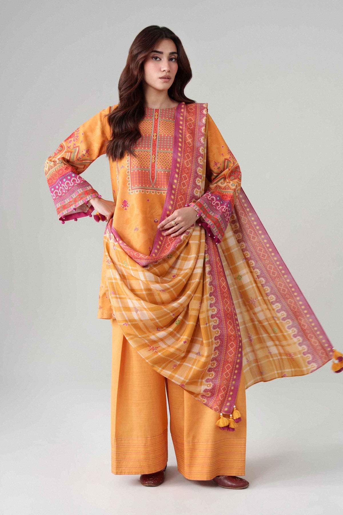 Yellow 3-Piece Digital Printed Suit in Khaddar unstitched