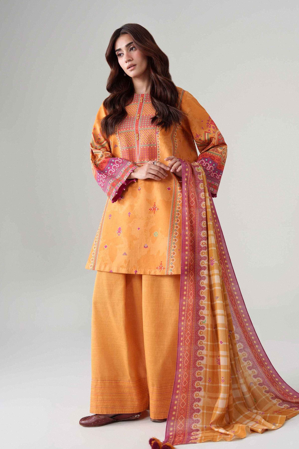 Yellow 3-Piece Digital Printed Suit in Khaddar unstitched