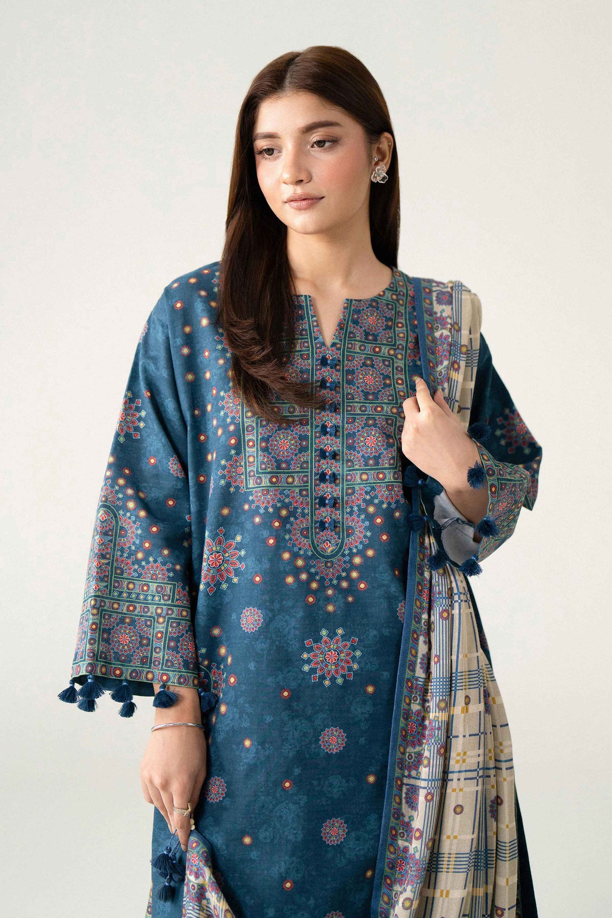 Blue 3-Piece Digital Printed Suit in Khaddar unstitched