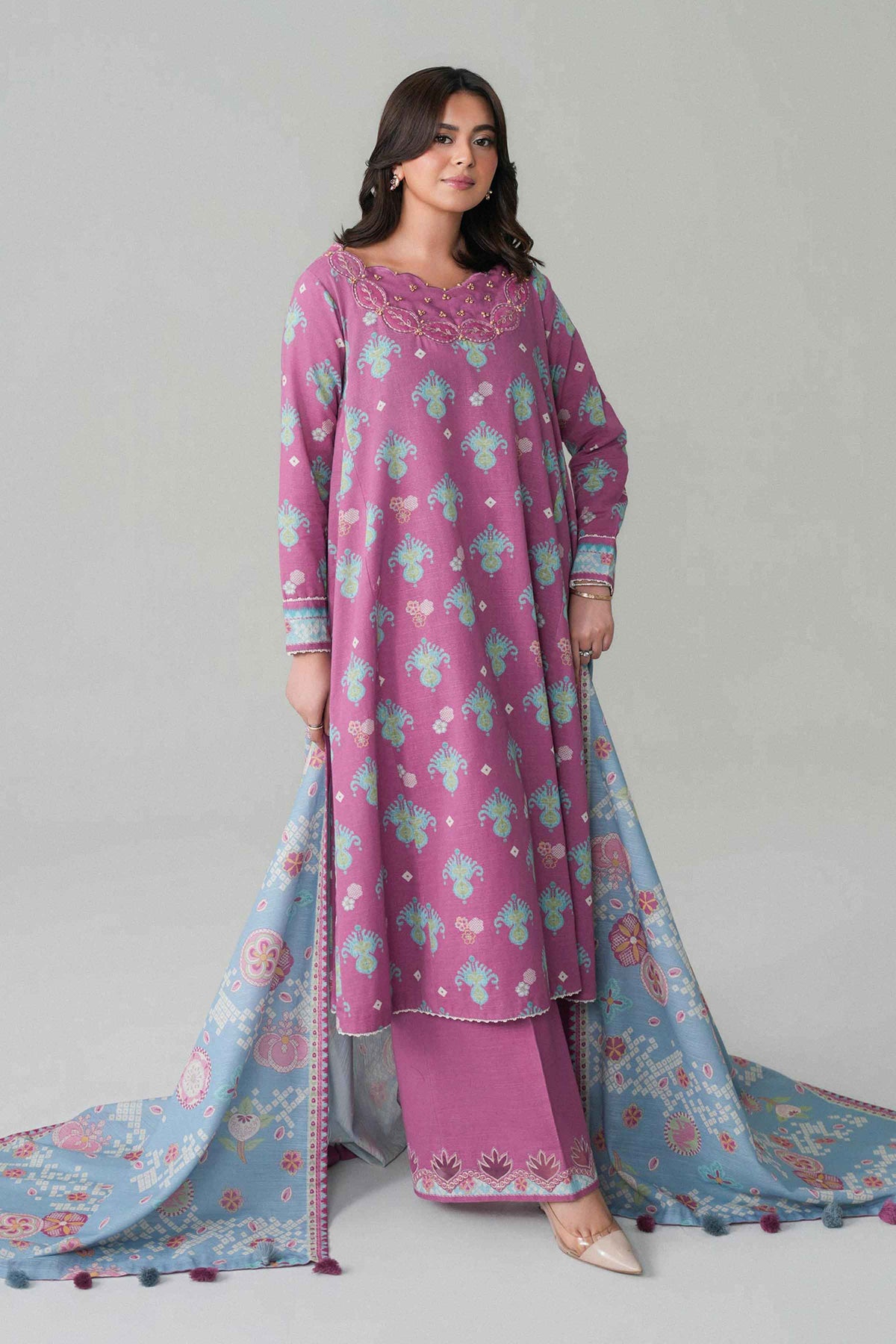 Pink 3-Piece Printed Embroidered Suit in Khaddar unstitched