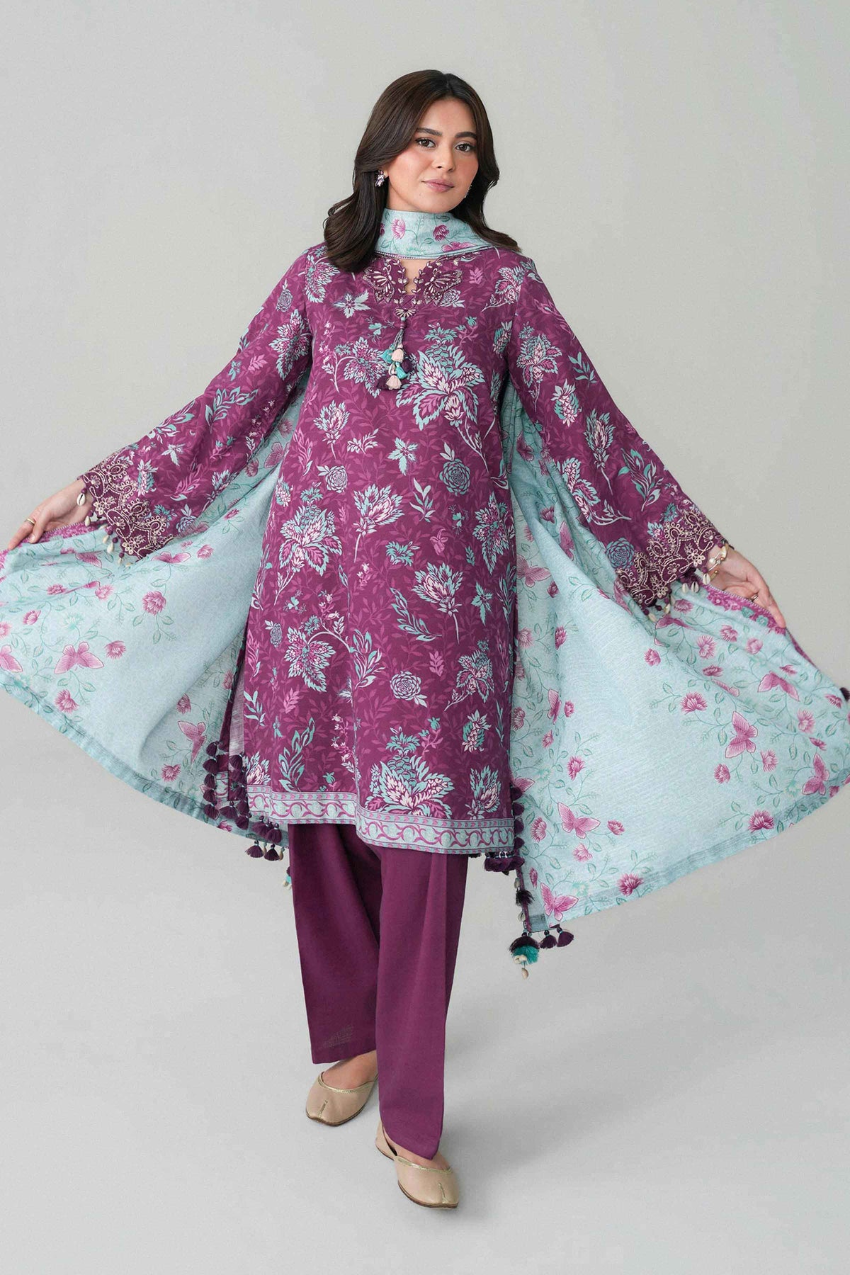 Purple 3-Piece Printed Embroidered Suit in Khaddar unstitched