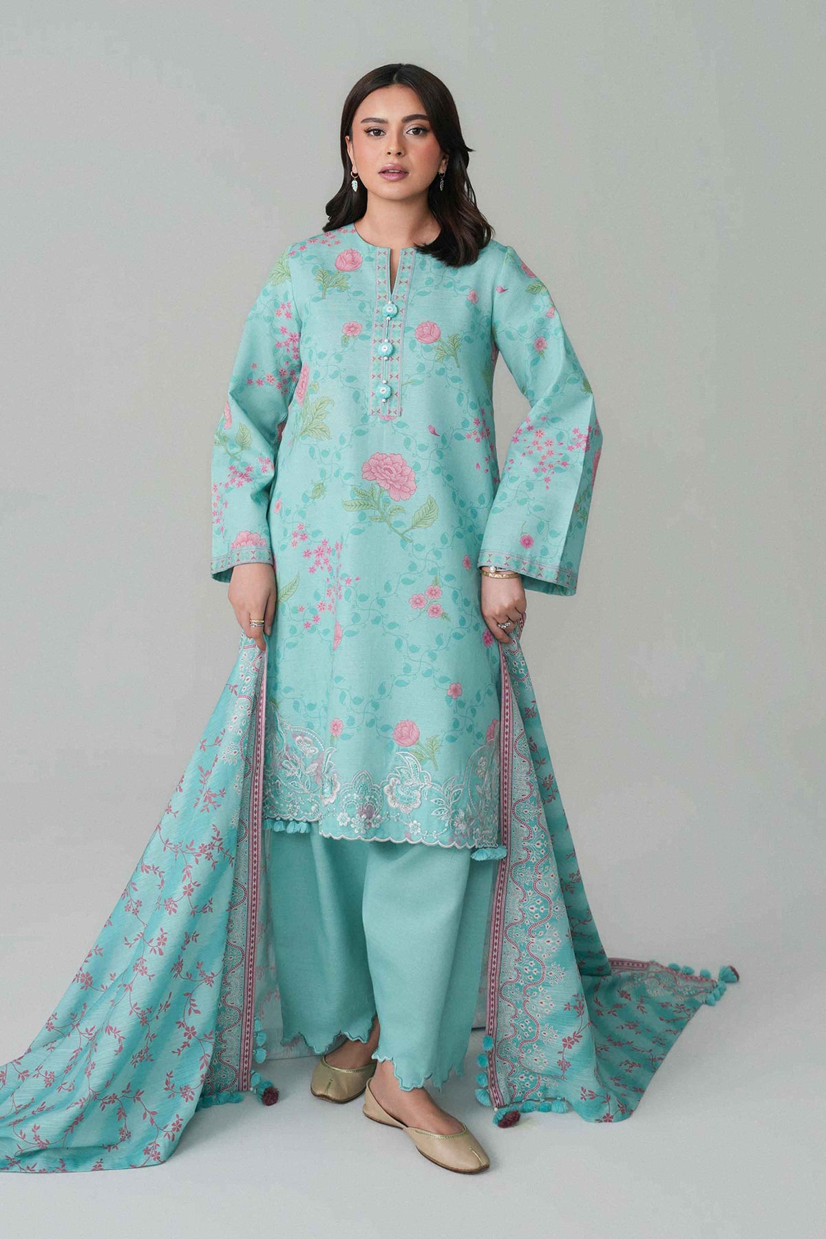 Green 3-Piece Printed Embroidered Suit in Khaddar unstitched