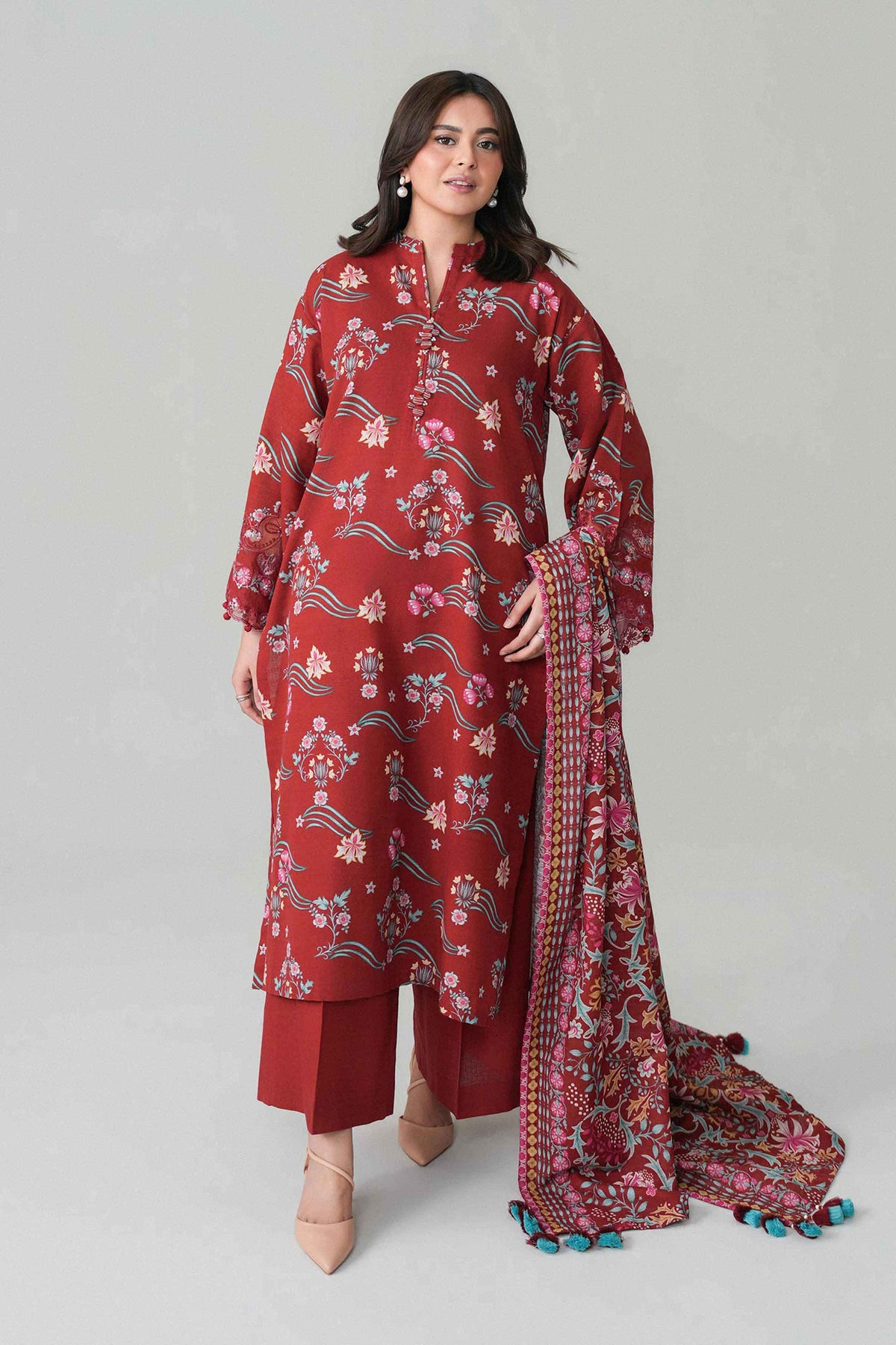 3-Piece Printed Embroidered Suit in Khaddar unstitched