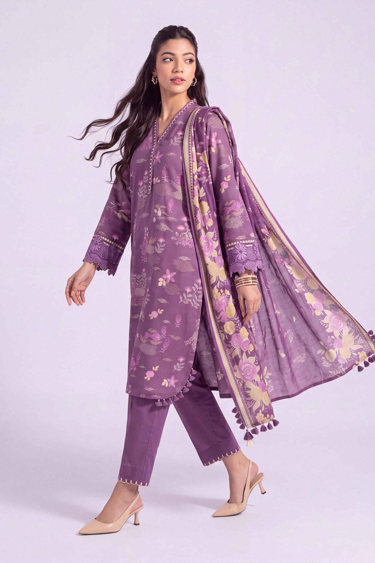 Purple 3-Piece Printed Embroidered Suit in Khaddar unstitched