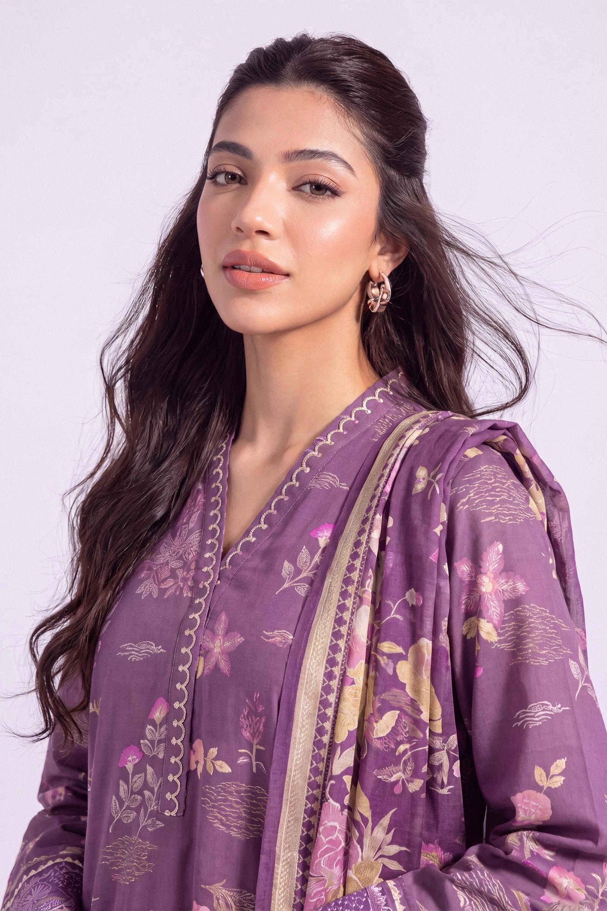Purple 3-Piece Printed Embroidered Suit in Khaddar unstitched