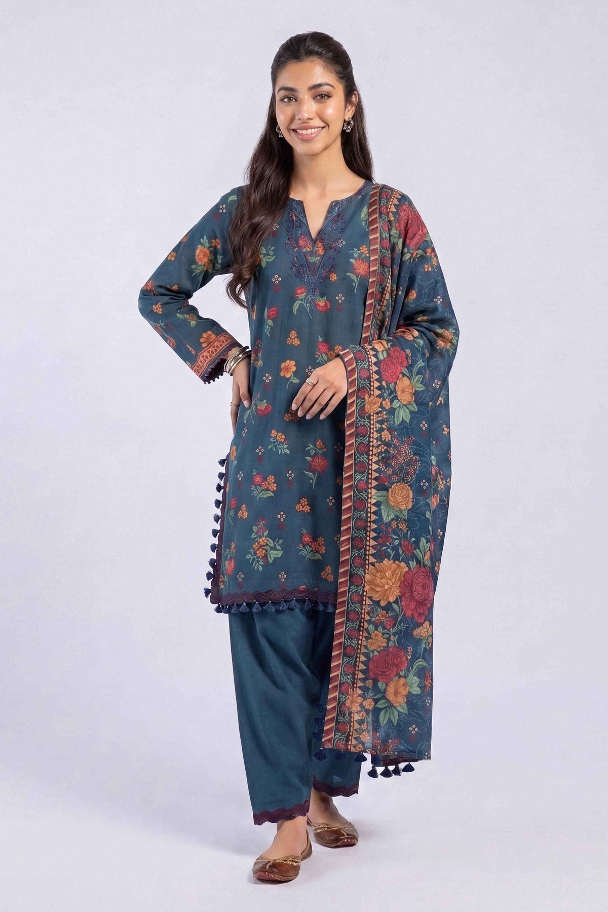 Blue 3-Piece Printed Embroidered Suit in Khaddar unstitched