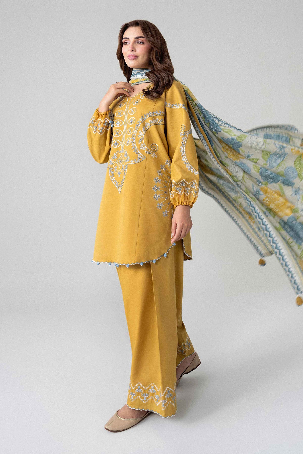 Yellow 3-Piece Printed Embroidered Suit in Khaddar unstitched