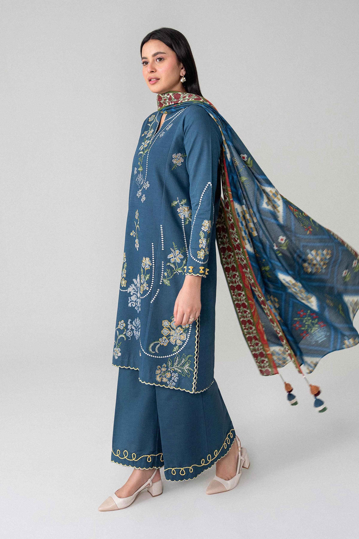 Blue 3-Piece Printed Embroidered Suit in Khaddar unstitched