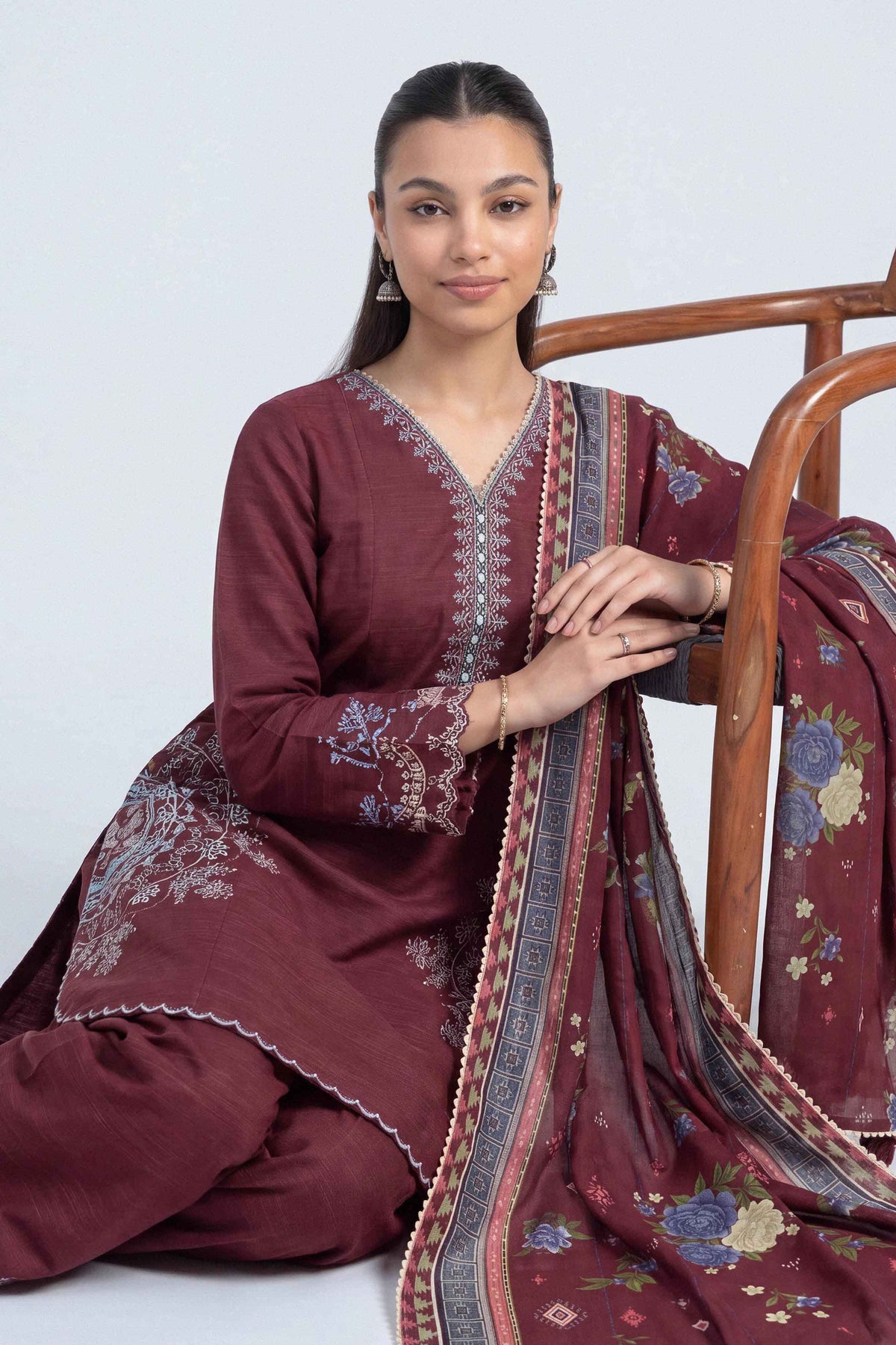 Maroon 3-Piece Printed Embroidered Suit in Khaddar unstitched