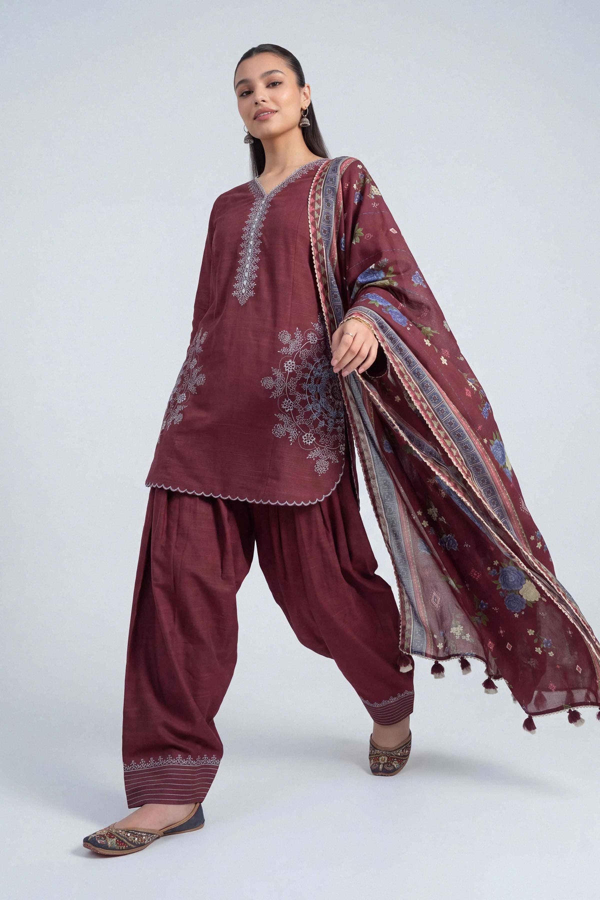 Maroon 3-Piece Printed Embroidered Suit in Khaddar unstitched