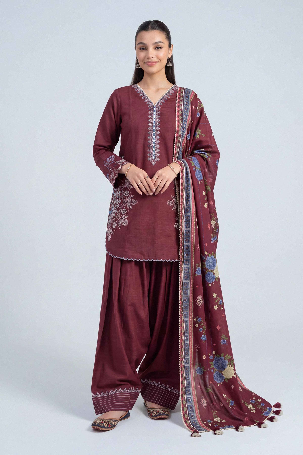 Maroon 3-Piece Printed Embroidered Suit in Khaddar unstitched