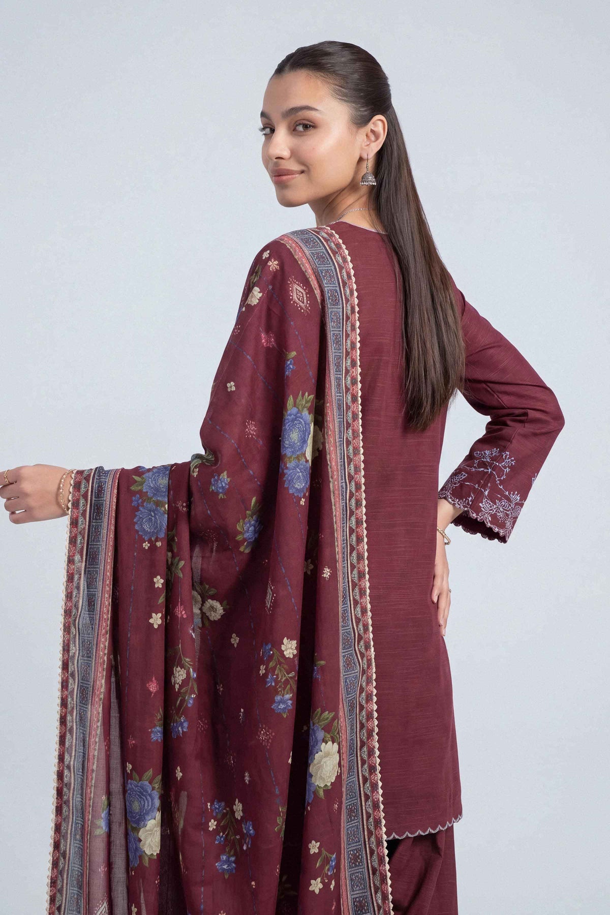 Maroon 3-Piece Printed Embroidered Suit in Khaddar unstitched