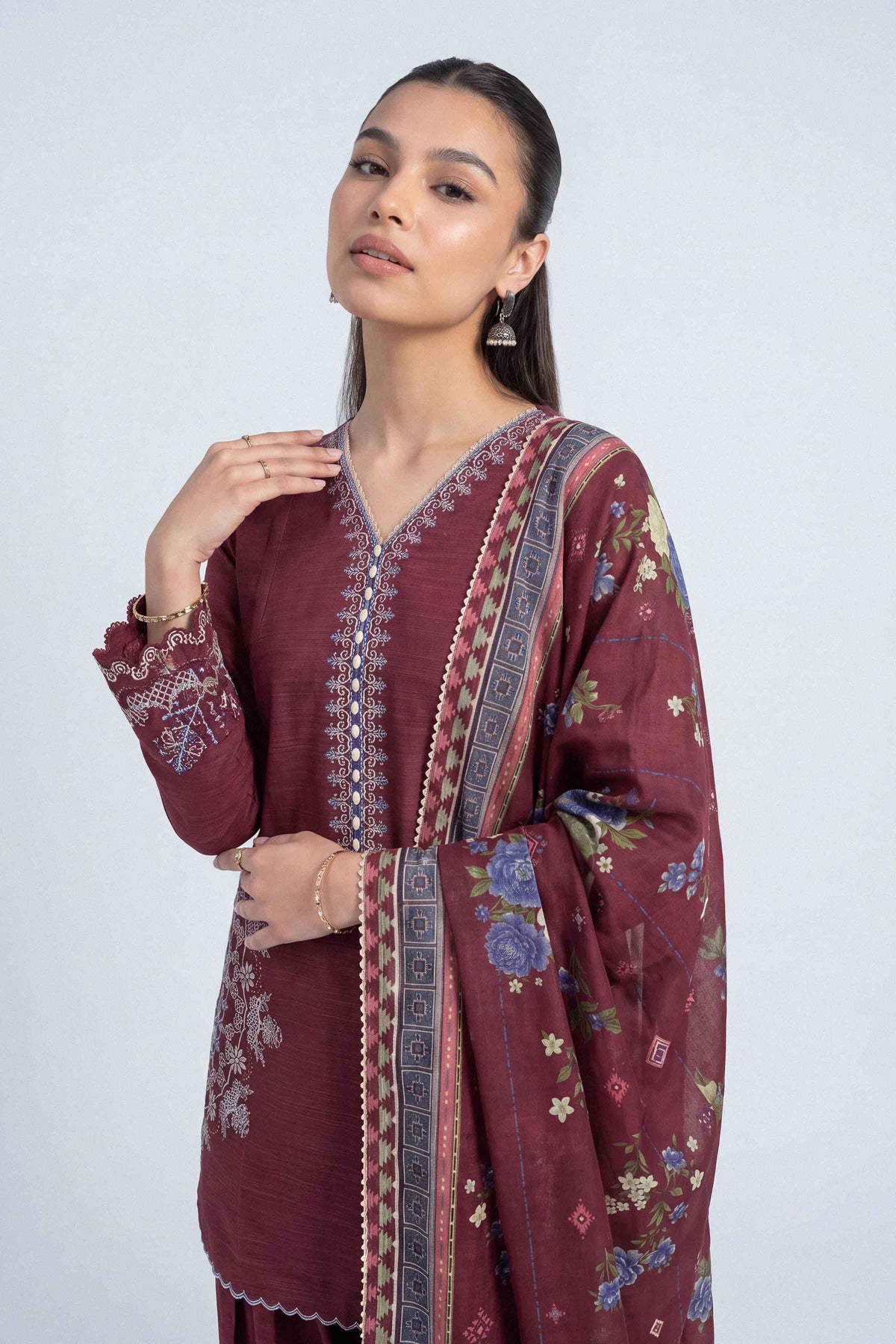 Maroon 3-Piece Printed Embroidered Suit in Khaddar unstitched
