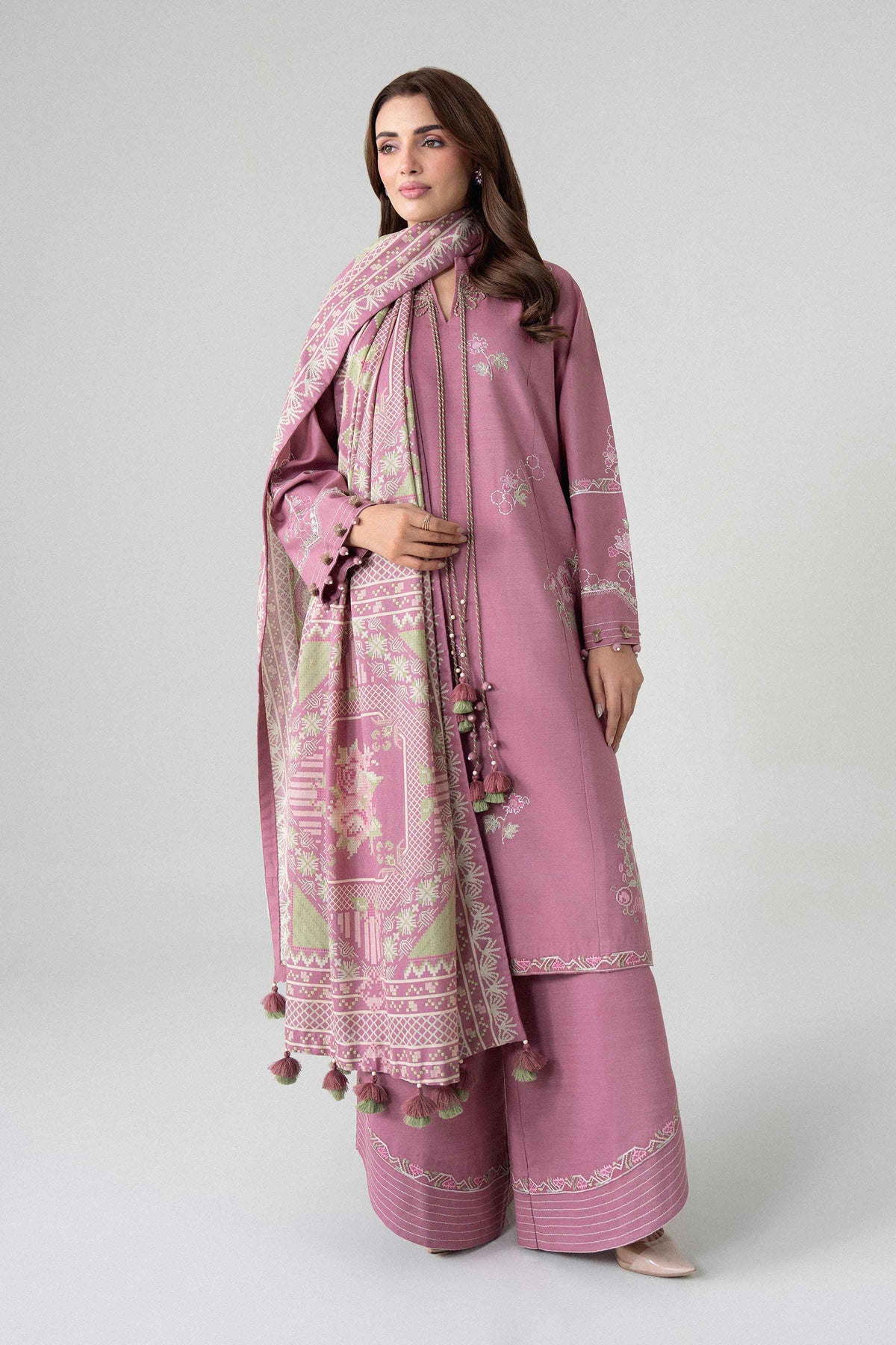 Pink 3-Piece Printed Embroidered Suit in Khaddar unstitched