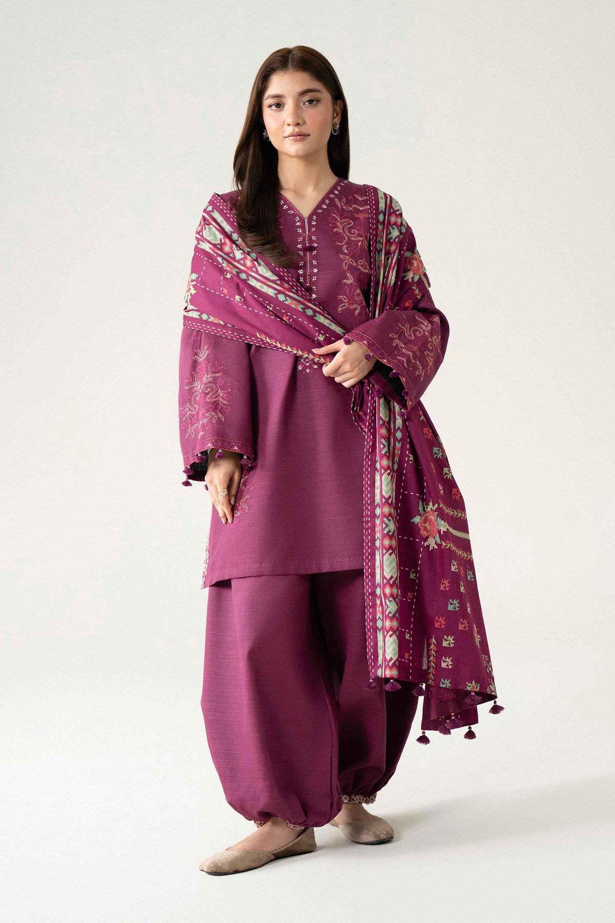 Maroon 3-Piece Printed Embroidered Suit in Khaddar unstitched